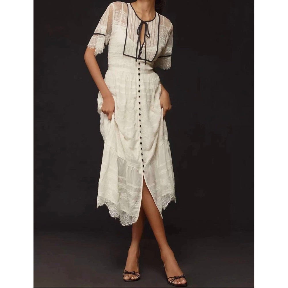 By Anthropologie Lace Maxi Dress 20W Ivory Black Trim Coquette Romantic Parisian